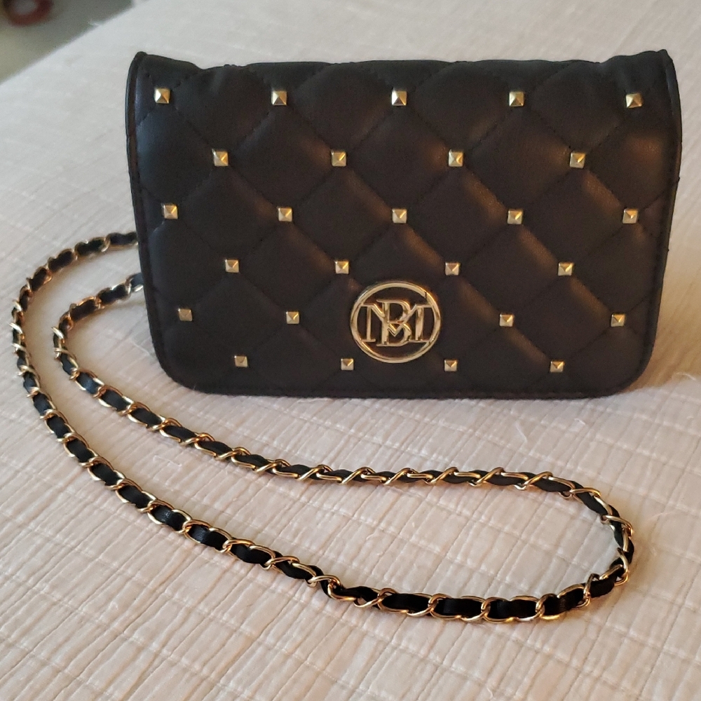 Badgley Mischka Black Quilted Mini Bag with Gold Chain